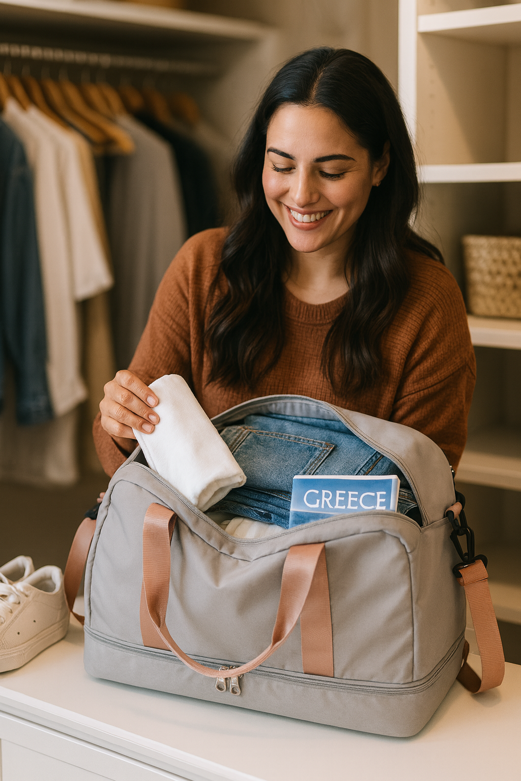 Femme préparant un sac de voyage gris à deux compartiments dans une garde‑robe, prête pour un départ en Grèce