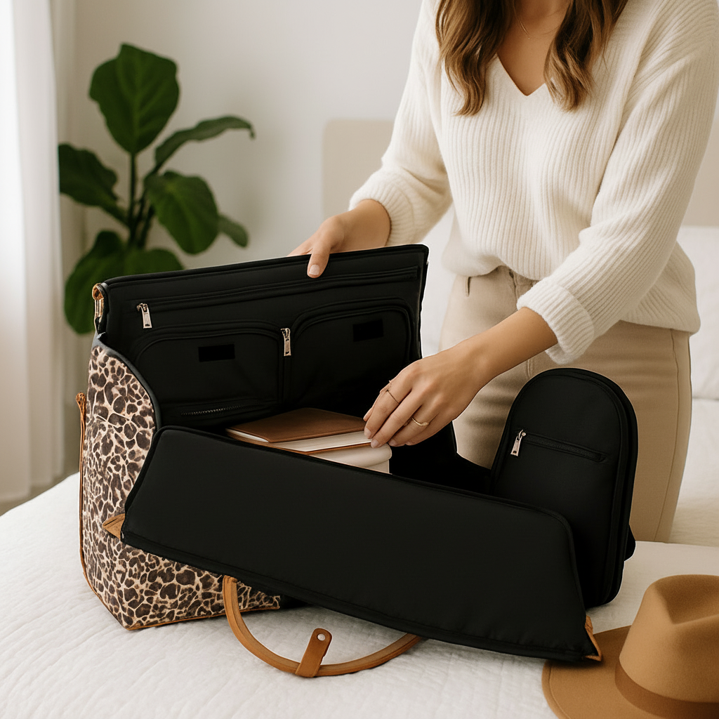 Sac voyage femme ZenEssentiel ouvert en housse a vetement pour la preparation manteau et robe sur le lit
