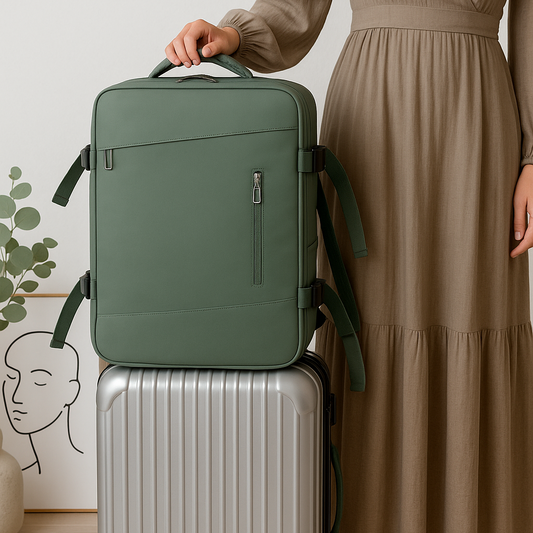 Femme prepare depart Sac a dos voyage cabine vert sur valise trolley argente