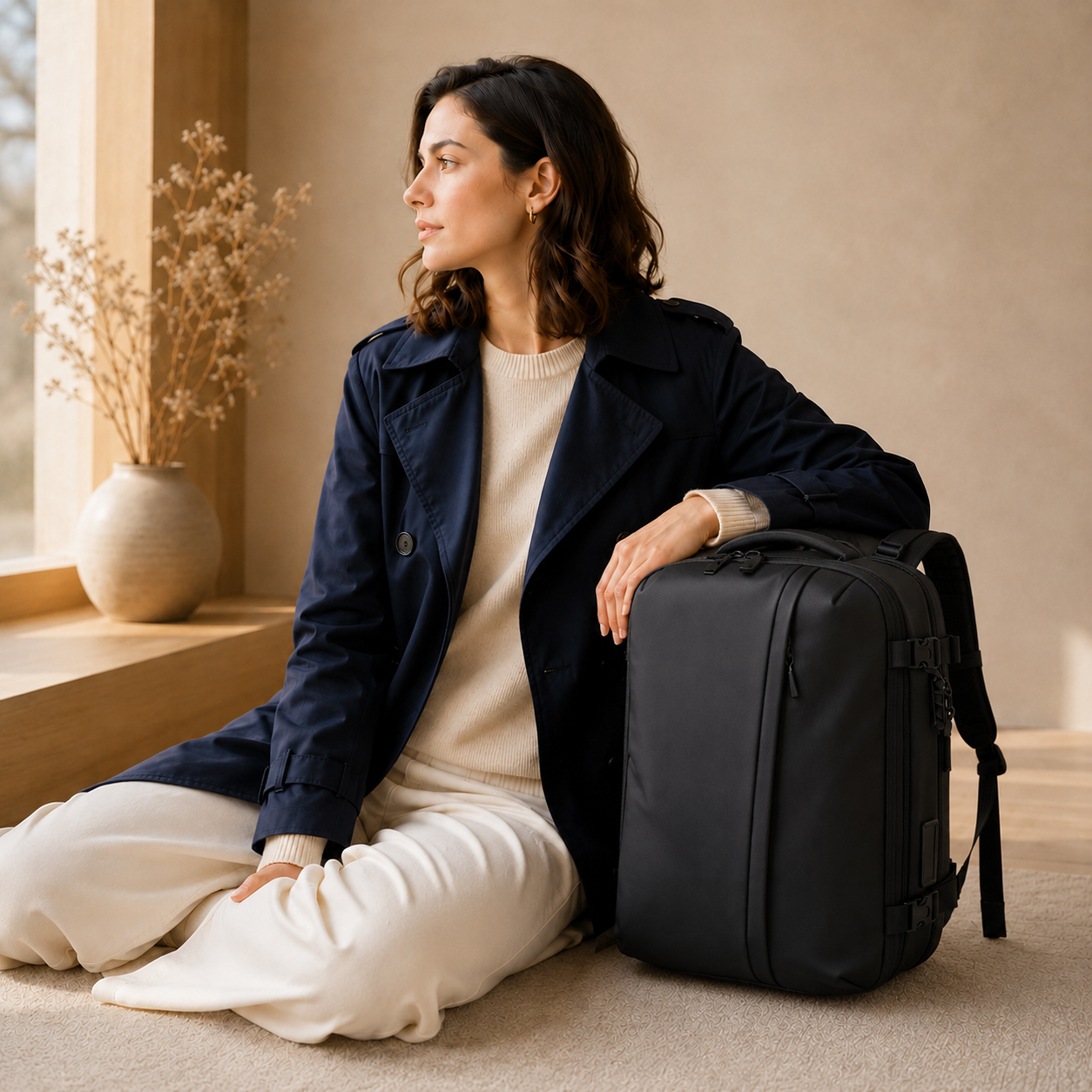 femme présente Sac à dos de voyage cabine avec système de compression