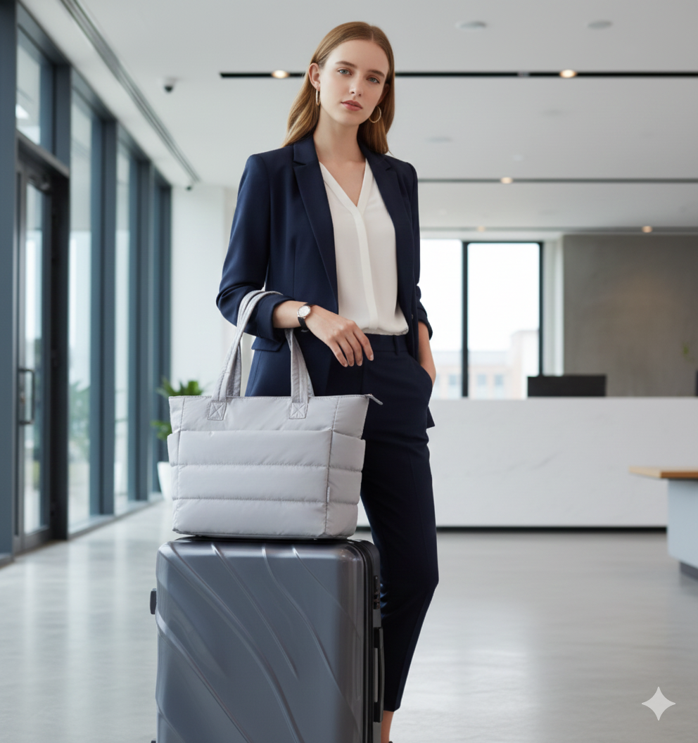 Femme professionnel attend avec Sac de voyage pour cabine gris sur sa valise