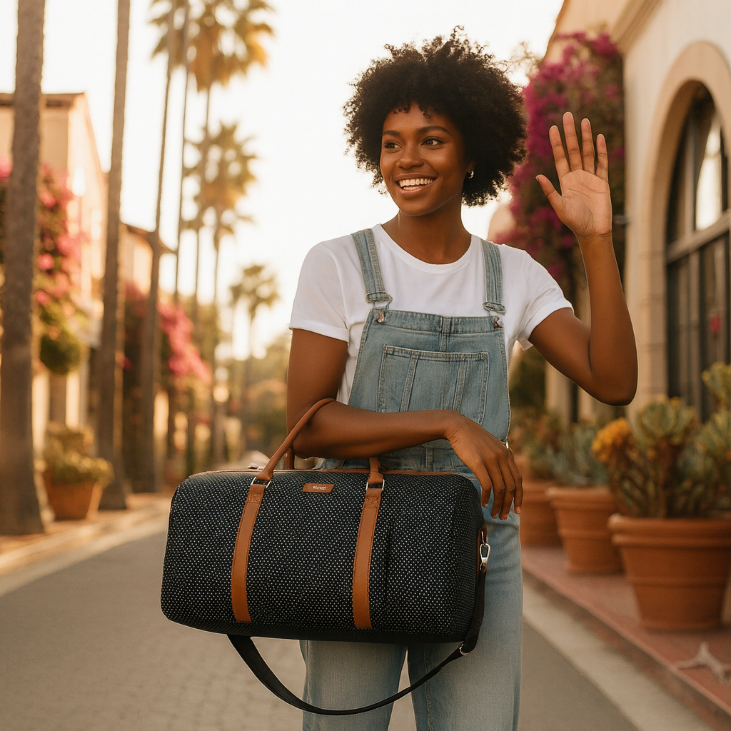 Femme se promene salut avec Sac voyage femme ZenEssentiel noir a point blanc