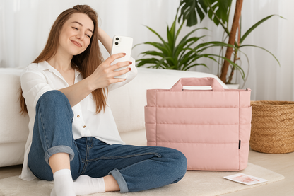Femme sol selfie a son cote Sac de voyage pour cabine rose