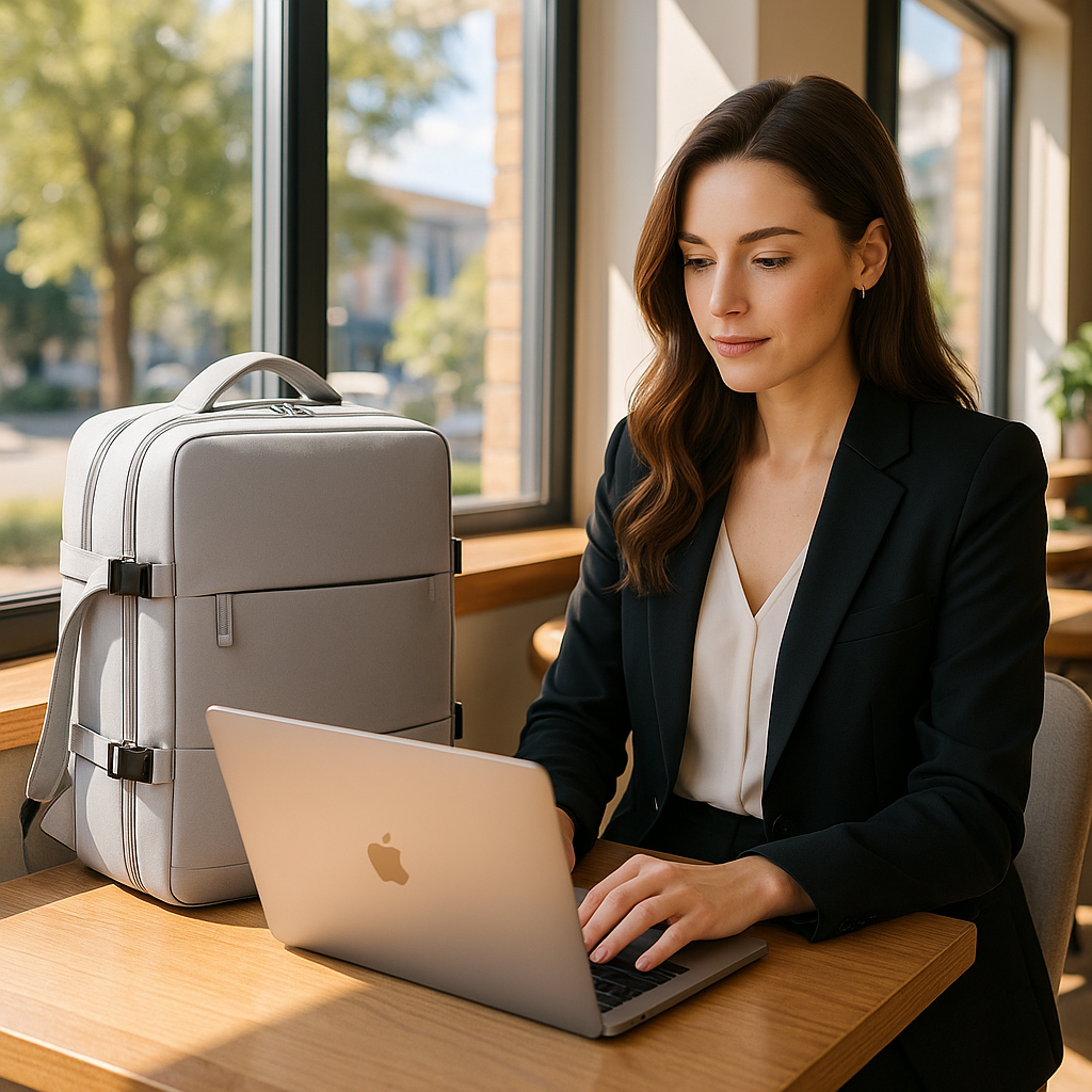 Sac à dos de voyage gris posé à côté d’un ordinateur portable, utilisé par une femme élégante travaillant dans un espace lumineux près d’une fenêtre.
