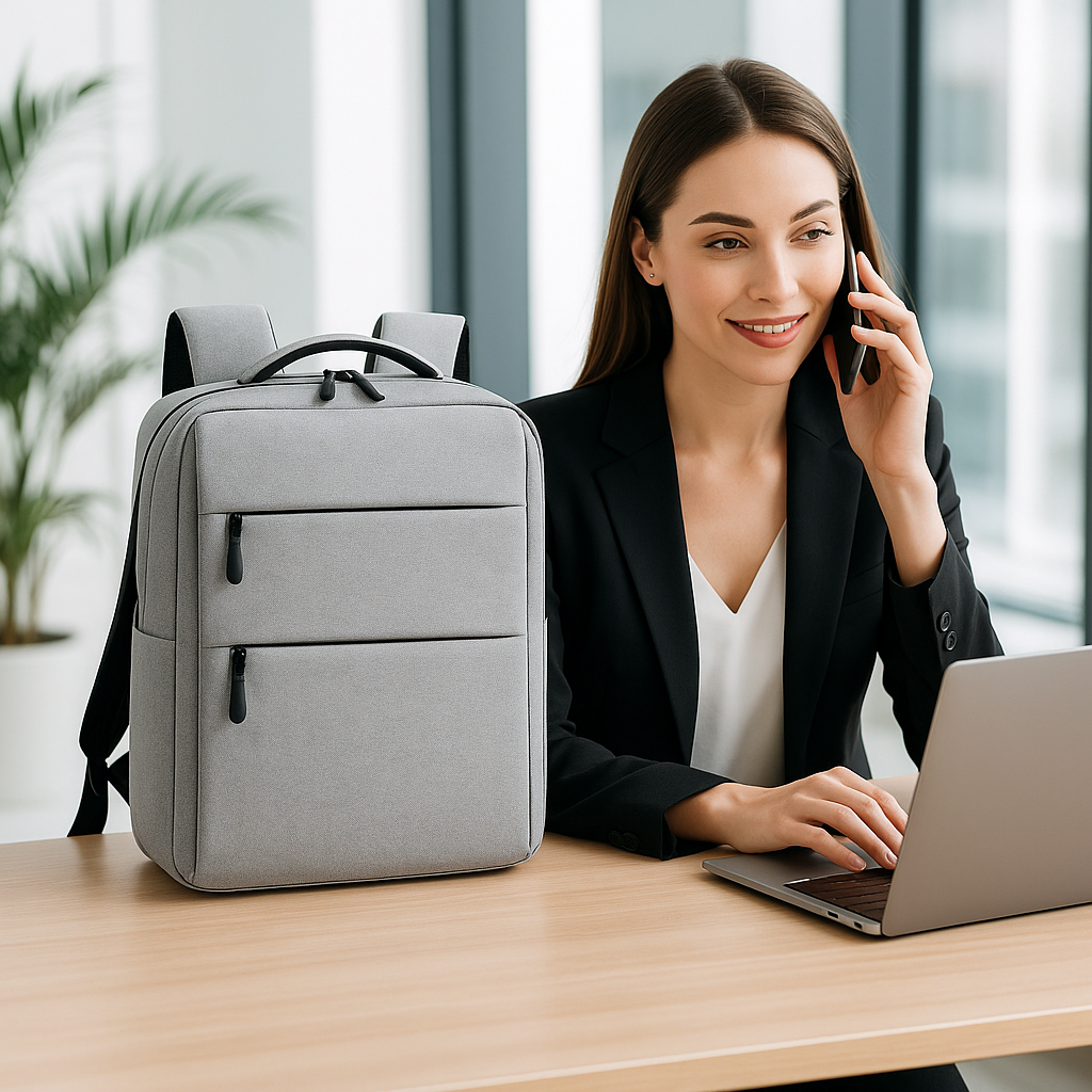 femme travail sac dos ordinateur gris ergonomique comfortable sur bureau