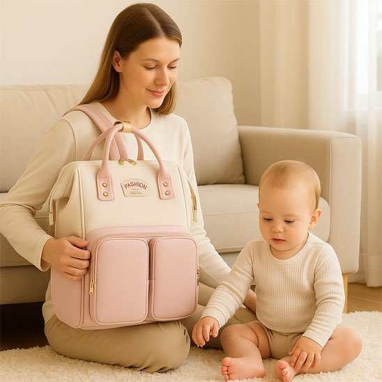 Femme utilisant le sac de voyage à dos bébé blanc et rose, porté sur une épaule et à l’avant