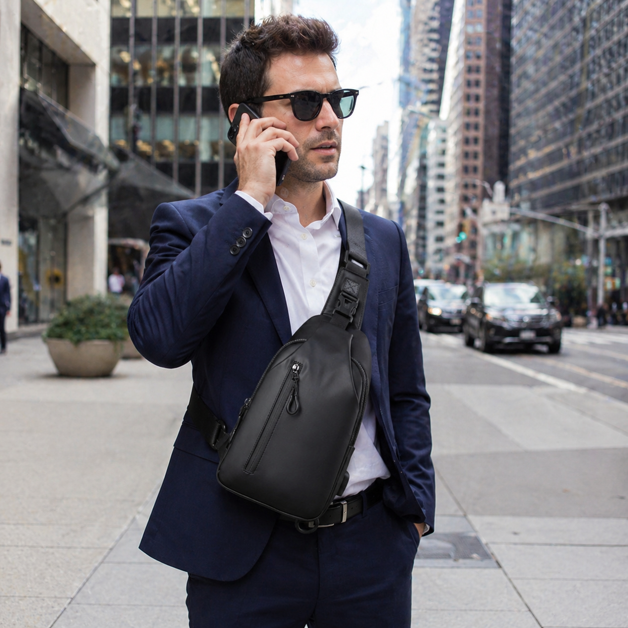 Homme au téléphone à New York avec un sac en bandoulière homme