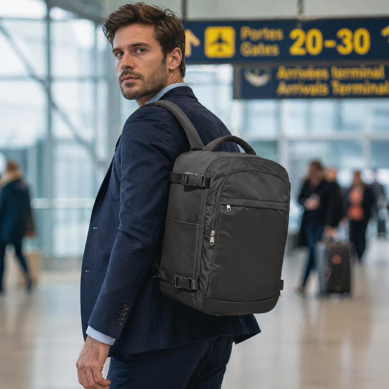 Homme avec bagage pour cabine avion noir à l’aéroport