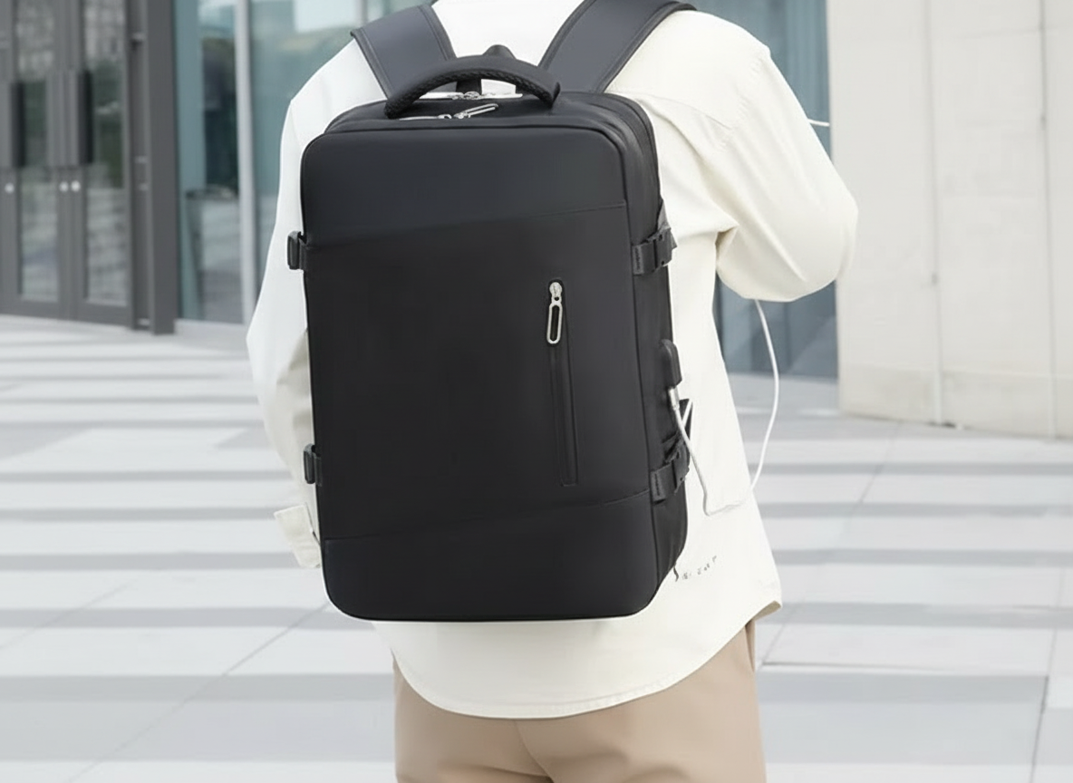 Homme avec Sac a dos voyage cabine pratique et polyvalent noir direction bureau utilise port usb
