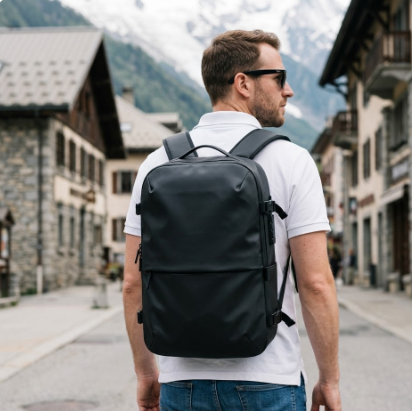 Homme avec bagage cabine en visite à Chamonix
