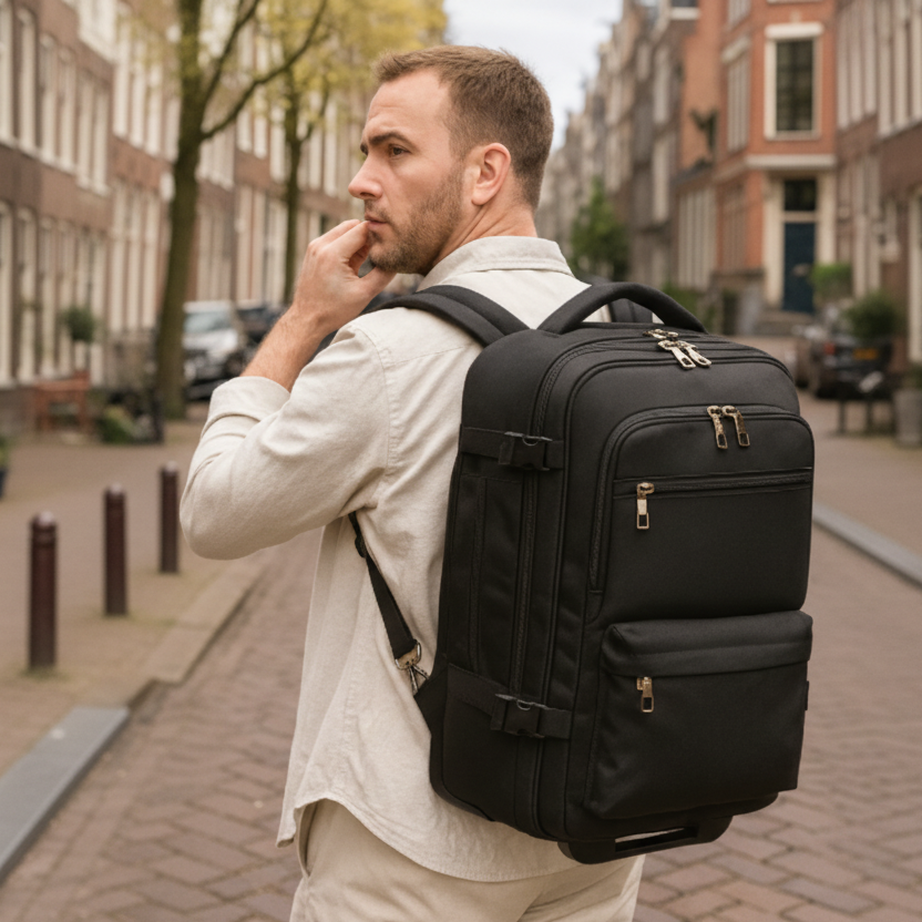 homme porte sac à dos de voyage noir sur le dos dans une rue urbaine calme maisons en briques naturelle ambiance voyage quotidien et mobilite