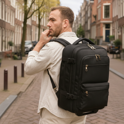 homme porte sac à dos de voyage noir sur le dos dans une rue urbaine calme maisons en briques naturelle ambiance voyage quotidien et mobilite