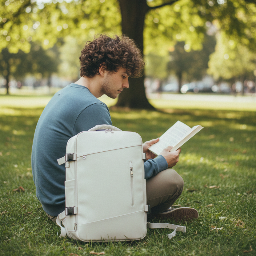 Homme lis un livre dans parc Sac a dos voyage blanc creme assis dans herbe