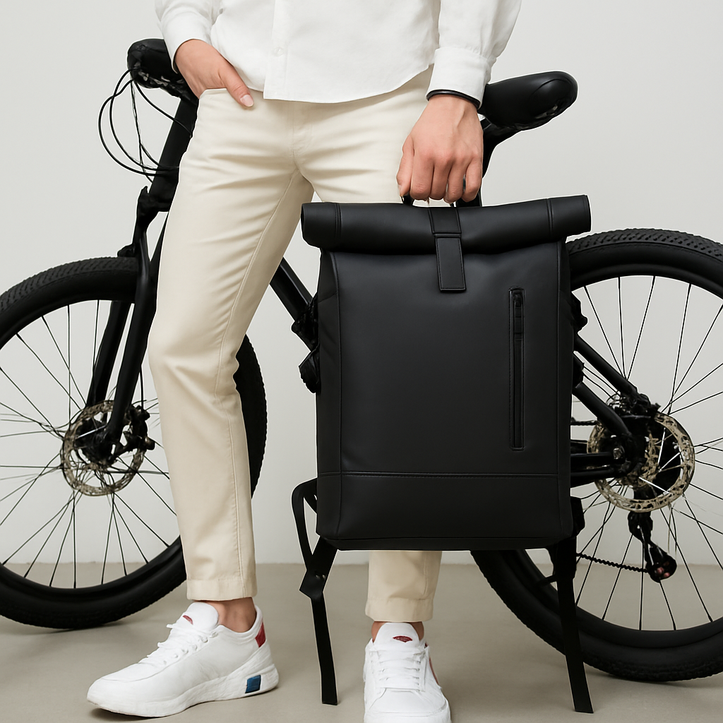 homme presente SAC A DOS VOYAGE ZenVoyage roller devant bicyclette noir