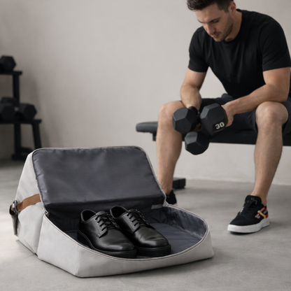 Homme prêt pour l’entraînement, il s’assoit à la salle de sport ; son sac-weekender ouvert révèle des souliers de travail, symbolisant la transition entre sport et bureau
