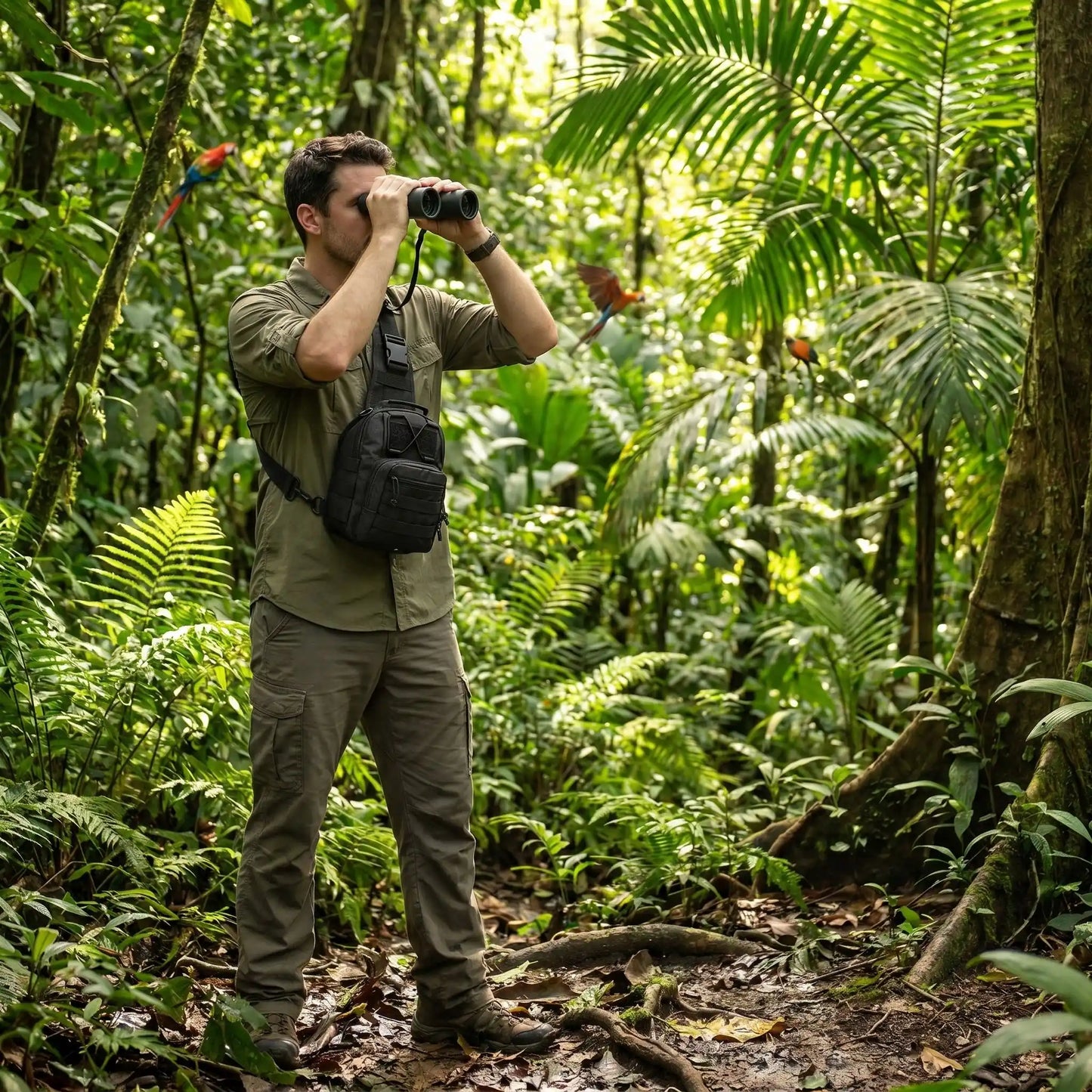 Homme qui observe les oiseaux avec un sac bandoulière