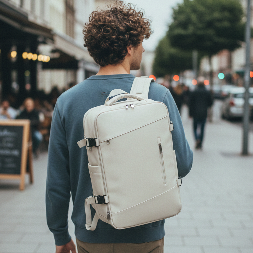 Homme se promene Sac a dos voyage blanc creme il est en tourisme