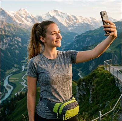 Jeune femme en trekking prenant une photo avec sac banane