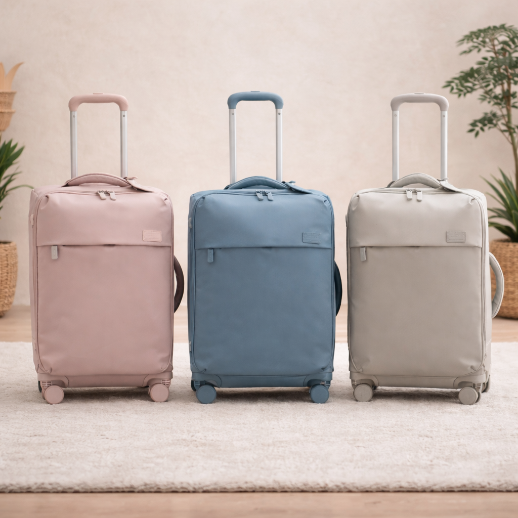 la valise souple cabine rose, bleu et gris, collection moderne au design minimaliste dans un salon lumineux