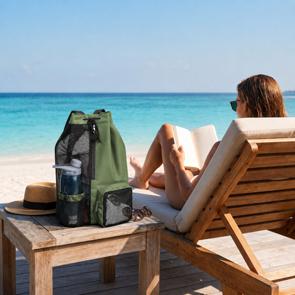Lecture à la mer sac à dos plage mode évasion vert