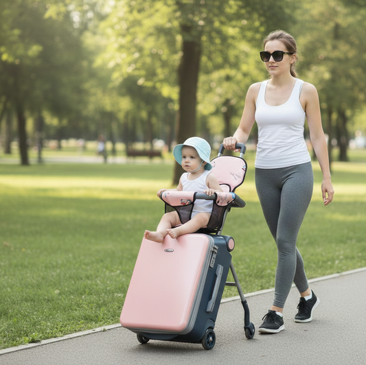 Maman marchant avec son bébé, Petite valise 3-en-1 enfant rose avec petit siège confortable