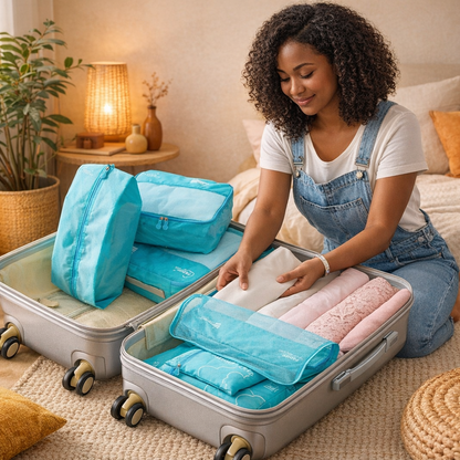 Packing Cube disposé dans deux valises ouvertes, organisation optimale des vêtements dans une ambiance chaleureuse.