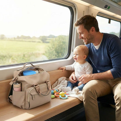 papa et bébé heureux dans le train avec un sac à dos de voyage ZenMaman, une scène élégante où ils regardent par la fenêtre, avec tout ce qu’il faut pour le bien‑être de bébé, évoquant confort, douceur et organisation