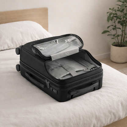 Petite valise trolley Zen cabine noire, présentation du compartiment pour PC et documents facilement accessible, vide
