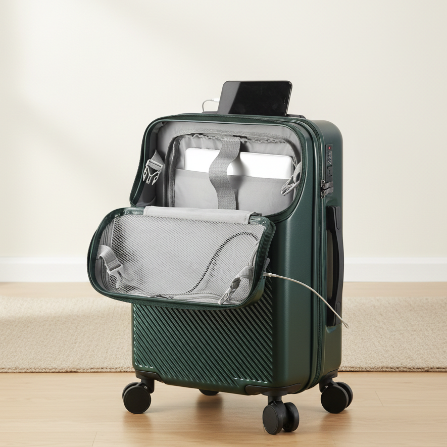 Petite valise trolley Zen cabine verte, présentation du compartiment pour PC et documents facilement accessible