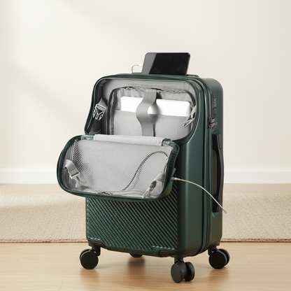 Petite valise trolley Zen cabine verte, présentation du compartiment pour PC et documents facilement accessible