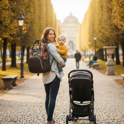 Photo d’une femme en vacances avec un poupon, en automne, marchant dans un parc avec un sac de voyage à dos pour bébé et une poussette