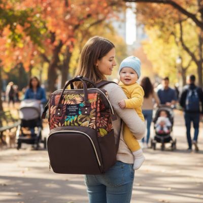 Photo d’une femme en vacances, en automne, marchant avec un poupon et portant un sac de voyage à dos pour bébé, avec le bébé souriant