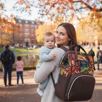 Photo d’une femme marchant dans un parc en automne avec un sac de voyage à dos pour bébé