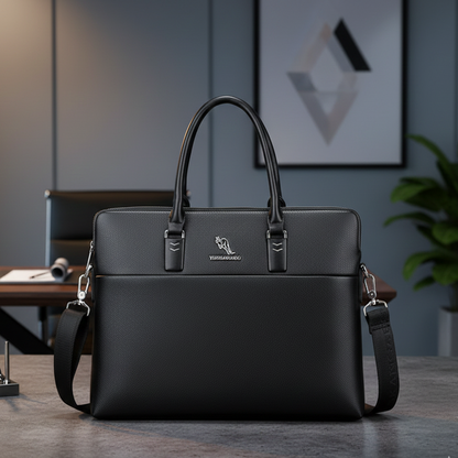 Pochette ordinateur homme noire effet cuir posée sur un bureau moderne, avec poignées et bandoulière, dans un bureau élégant et professionnel.