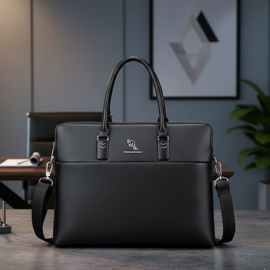 Pochette ordinateur homme noire effet cuir posée sur un bureau moderne, avec poignées et bandoulière, dans un bureau élégant et professionnel.
