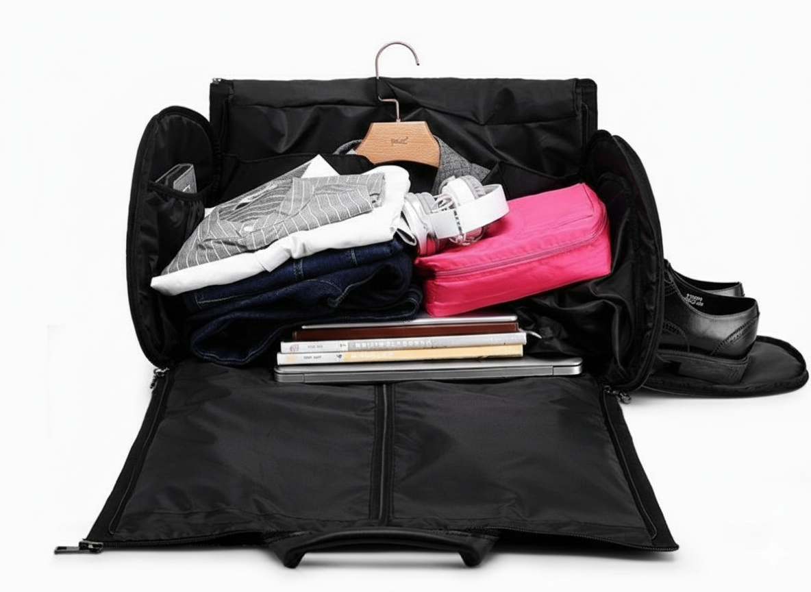 Preparation sac de voyage noir chemises trousse toilette chaussure revue pc