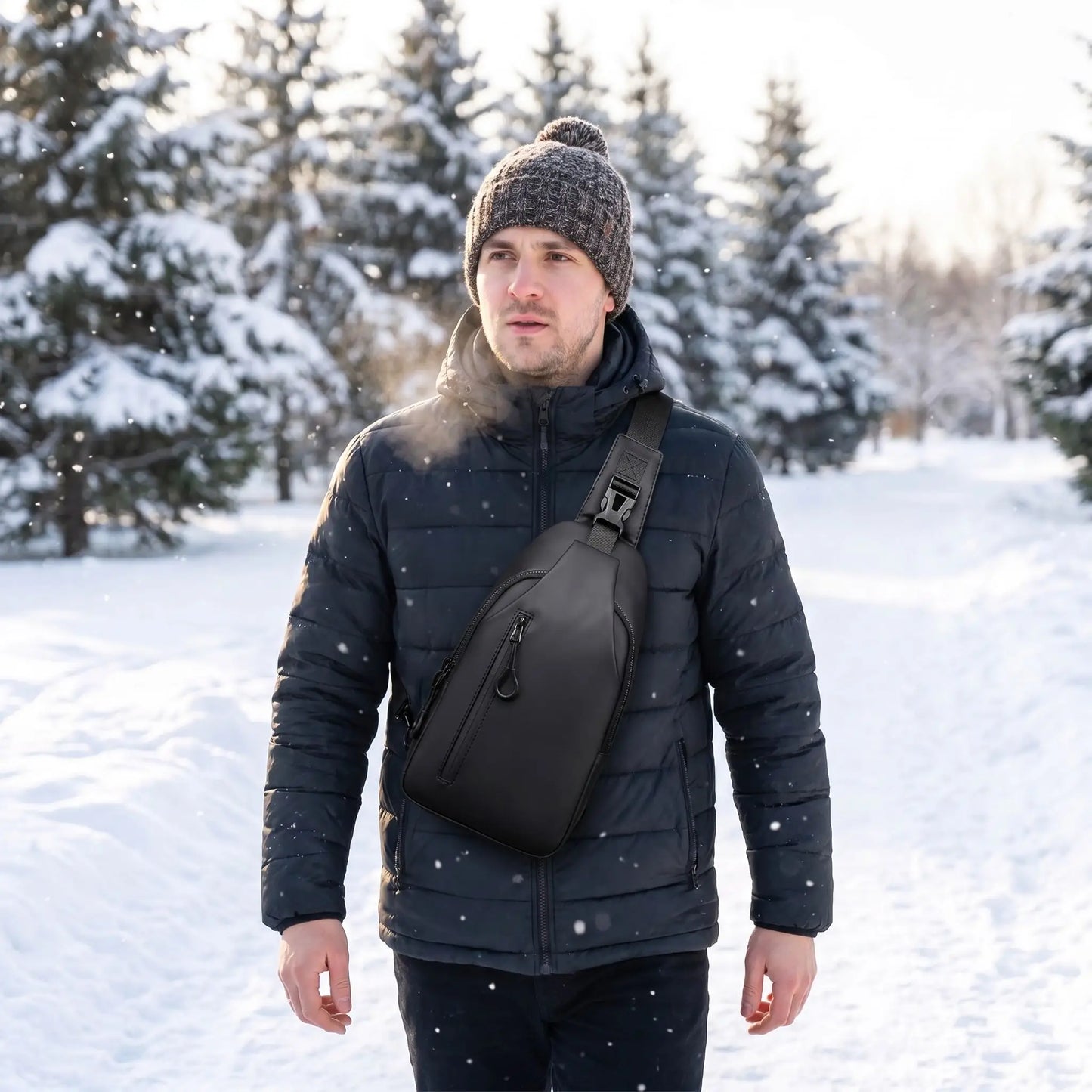 Présentation du sac en bandoulière homme dans un paysage hivernal