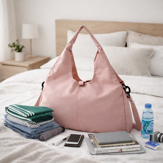 Présentation du sac week‑end femme Zen voyage polyvalent rose sur lit à couette en duvet blanche avec divers objets nécessaires au séjour