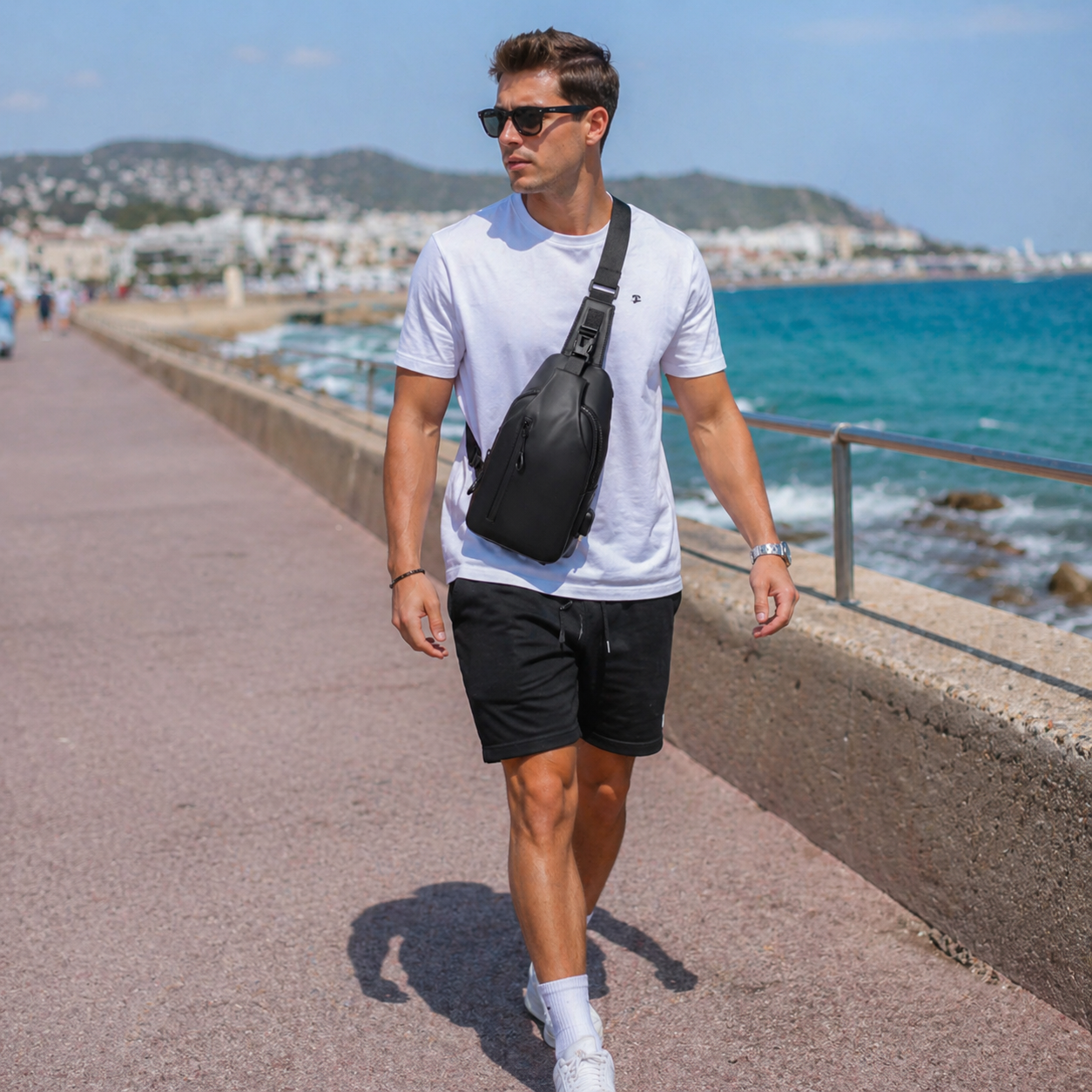 Promenade ensoleillée au bord de la mer avec un sac en bandoulière homme