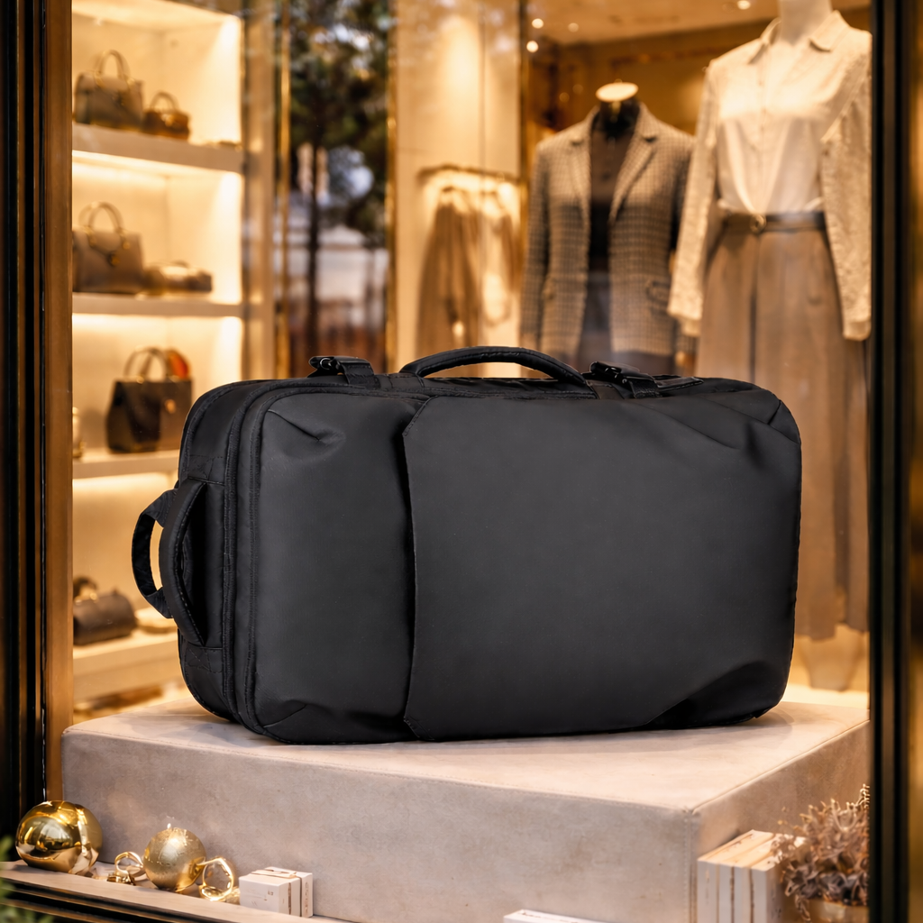 SAC A DOS-DE-VOYAGE expose dans vitrine de boutique de luxe en bord de rue style Champs Élysées éclairage chaud ambiance haut de gamme