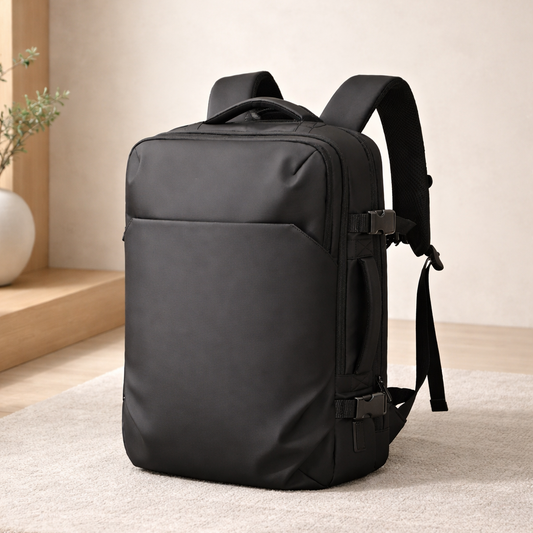 SAC A DOS DE VOYAGE noir design minimal vue produit en ambiance zen idéal pour ordinateur voyage cabine et organisation moderne