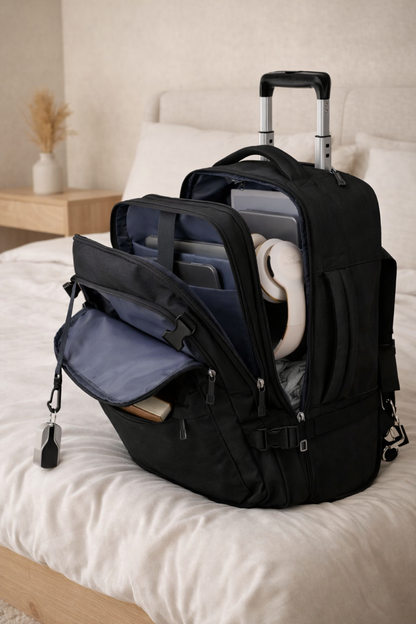 SAC A DOS DE VOYAGE noir ouverture grand angle organisation interieure optimisee pour ordinateur accessoires et voyage cabine sur lit