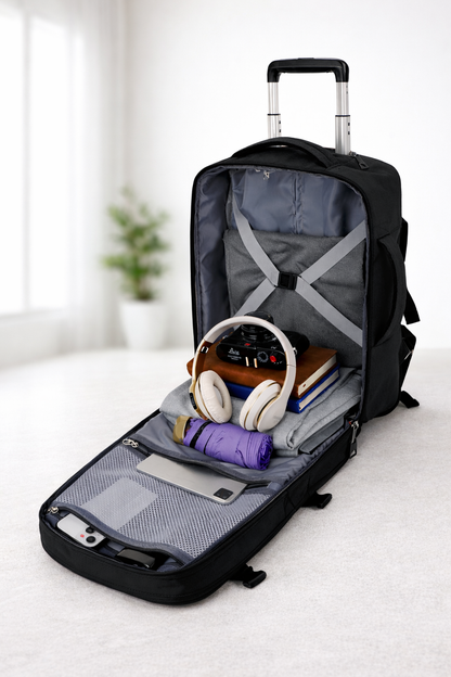 SAC A DOS DE VOYAGE ouverture grand angle pose sur le sol interieur lumineux organisation interieure visible ordinateur livres casque et vetements rangement ordonne ambiance calme et confort voyage cabine