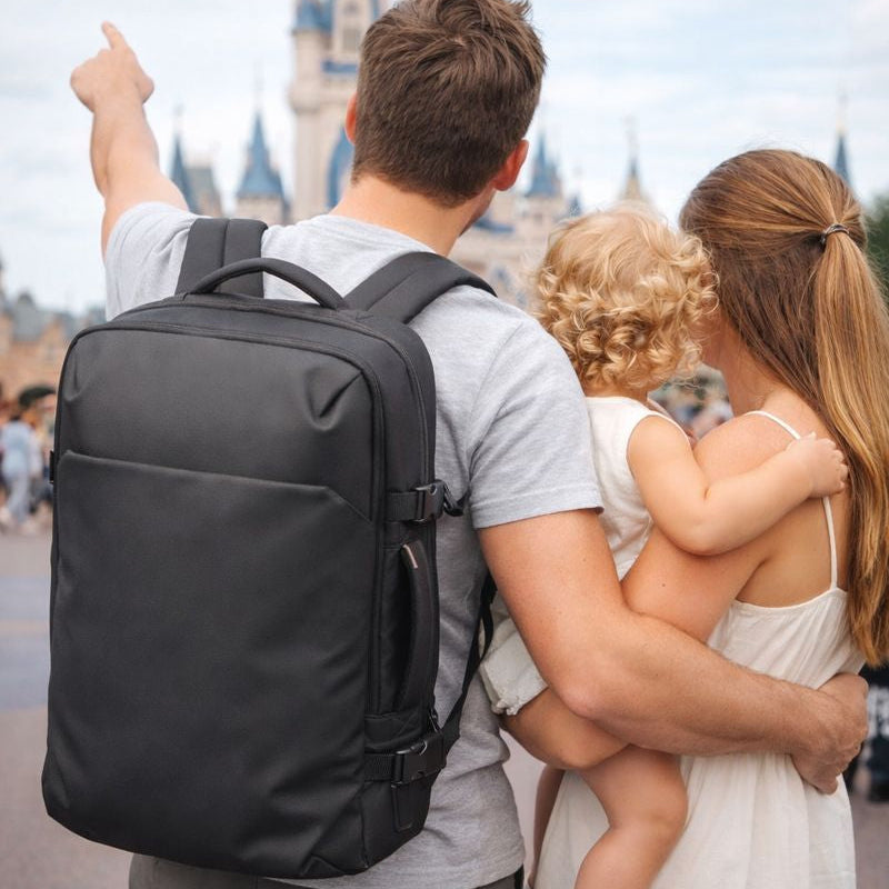 SAC A DOS DE VOYAGE père famille vacances moment de bonheur devant chateau disney pere montrant chateau maman et enfant en bas age voyage en famille emotion et evasion