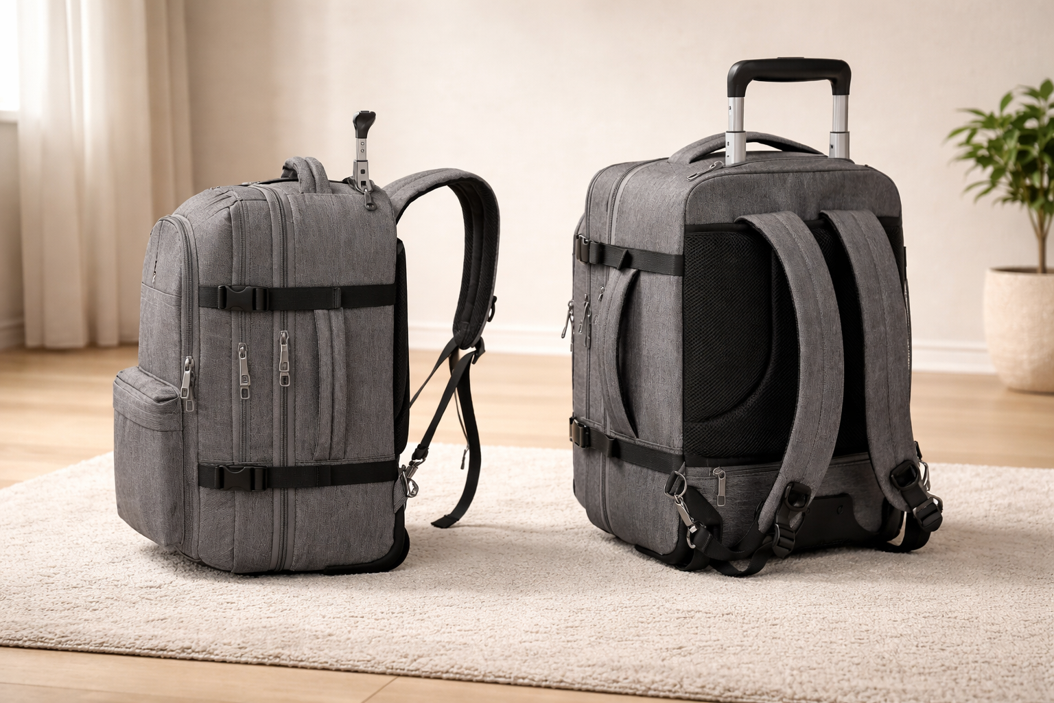 SAC A DOS DE VOYAGE gris presente de face et de dos dans un interieur calme lumiere douce met en valeur le confort dorsal et la structure du sac