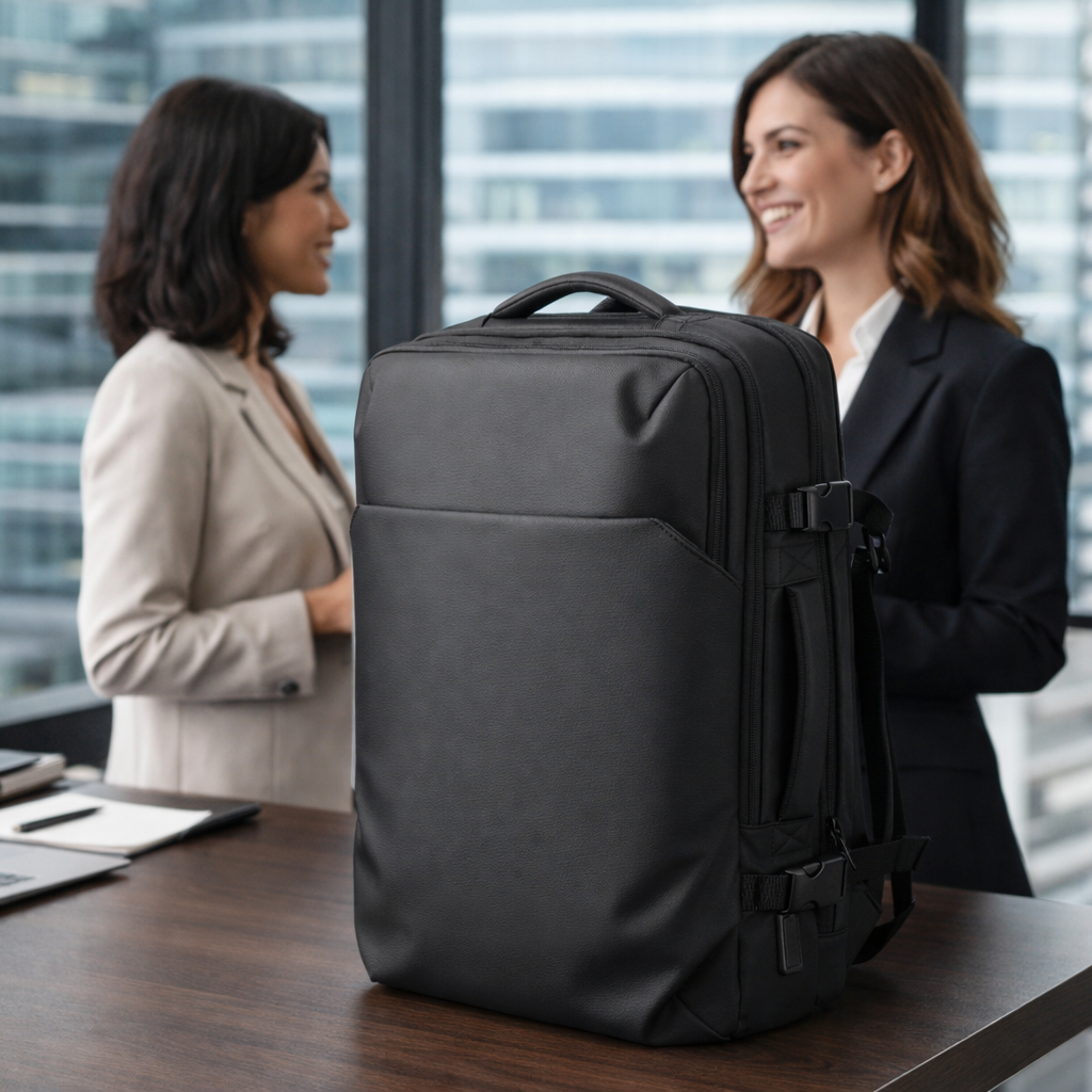 SAC A DOS DE VOYAGE professionnel noir pose sur un bureau dans une tour de bureaux moderne deux femmes daffaires echangent au second plan ambiance elegante et corporate