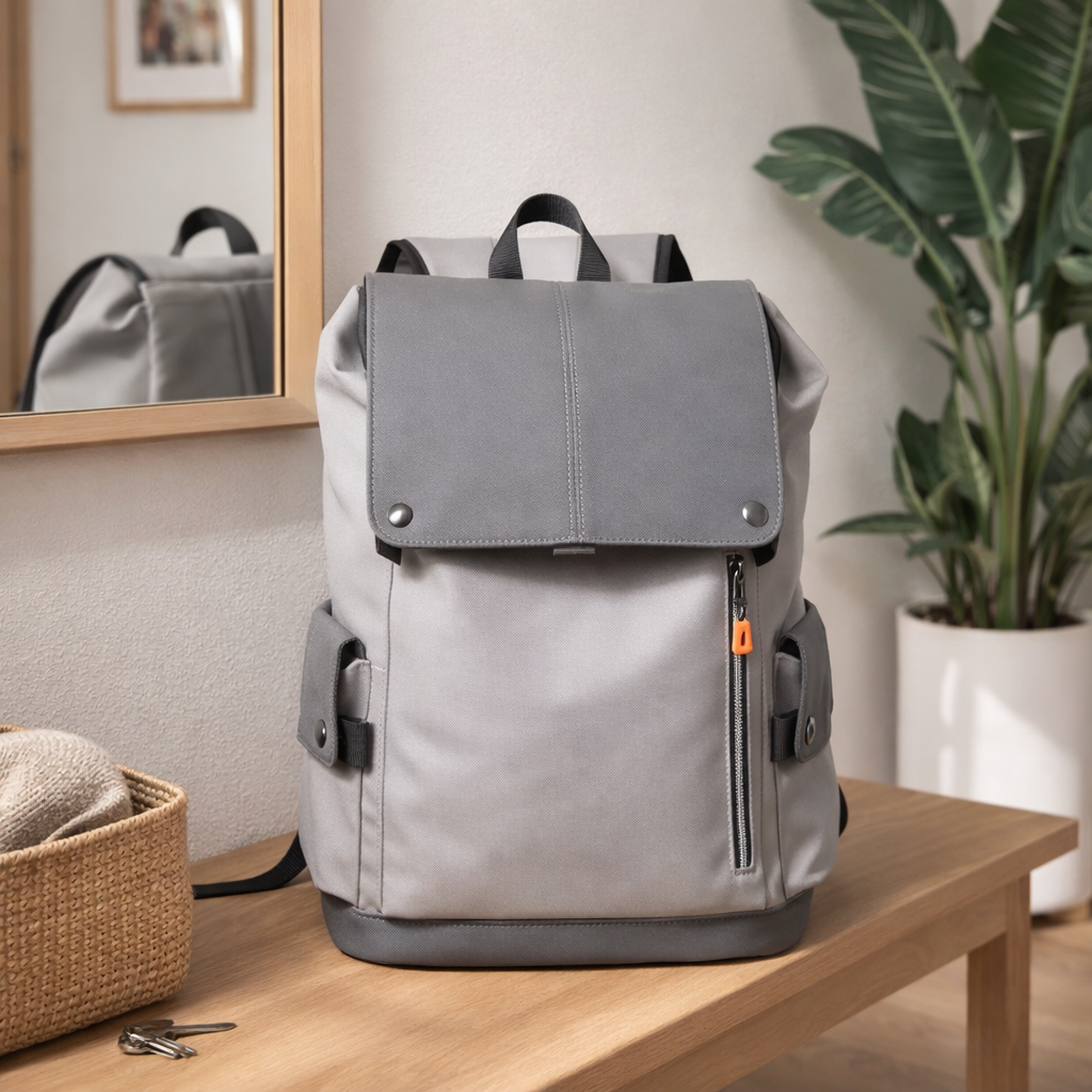 Sac à dos de voyage aux dimensions EasyJet, gris pâle, dans entrée de maison
