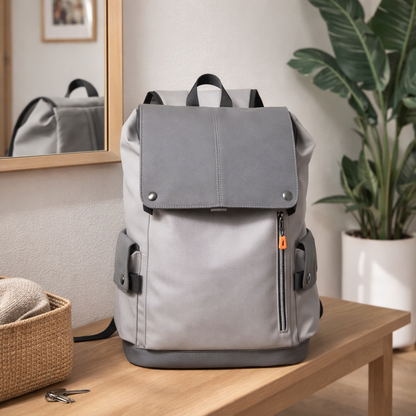 Sac à dos de voyage aux dimensions EasyJet, gris pâle, dans entrée de maison
