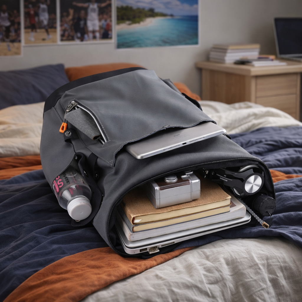 Sac à dos de voyage aux dimensions EasyJet, ouvert sur un lit avec ordinateur, cahiers, bouteille et accessoires de voyage organisés