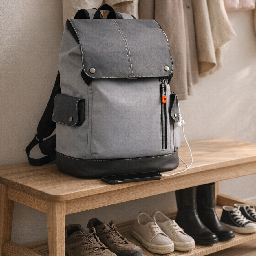 Sac à dos de voyage aux dimensions EasyJet, posé sur un banc en bois avec chaussures et manteaux dans l’entrée de la maison